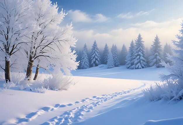 A winter landscape with trees covered in snow