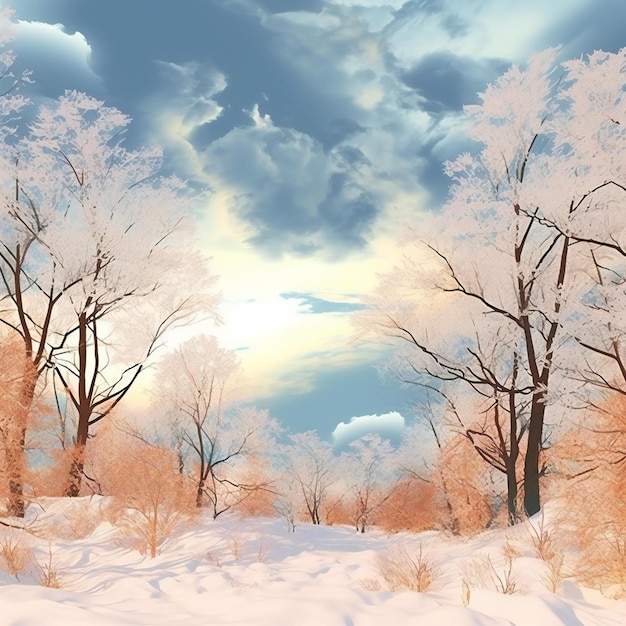 Winter landscape with trees covered with snow and blue sky with clouds