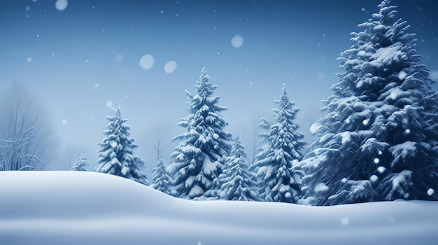 Winter landscape with trees cristmass trees in the snow blue space background