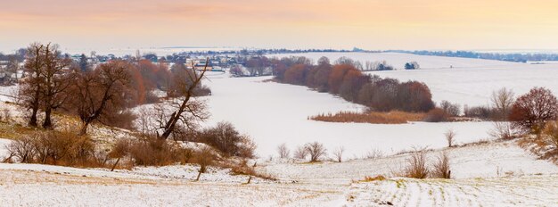 Winter landscape with trees near the ice and snow covered river in the morning during sunrise