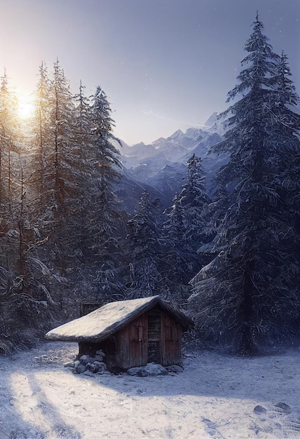 Winter landscape of wood cabin with snow in winter season