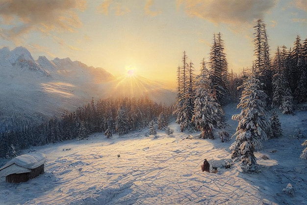 Winter landscape of wood cabin with snow in winter season