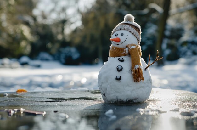 Winter last smile melting snowman in sunlit park