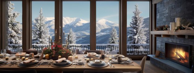 winter lodge with large windows and Christmas decorations