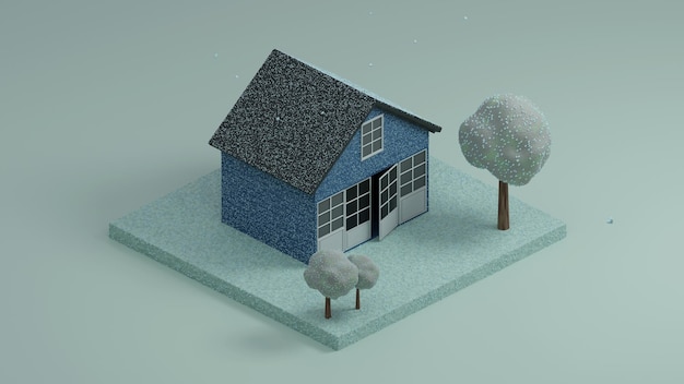 Winter low poly isometric house and trees 3D Illustration