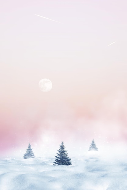 Winter minimalist landscape Christmas trees against the background of snowdrifts and a pink sky with a moon at sunset Christmas background