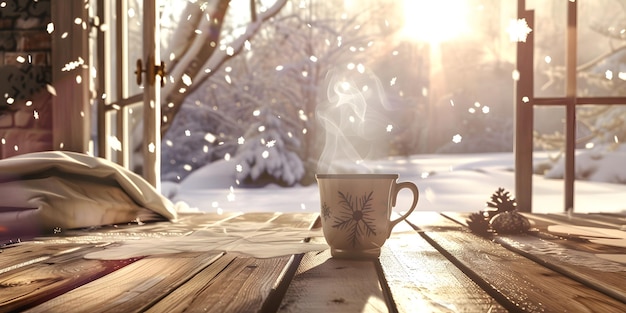 Photo winter morning coffee scene featuring a steaming mug set against a warm and inviting background