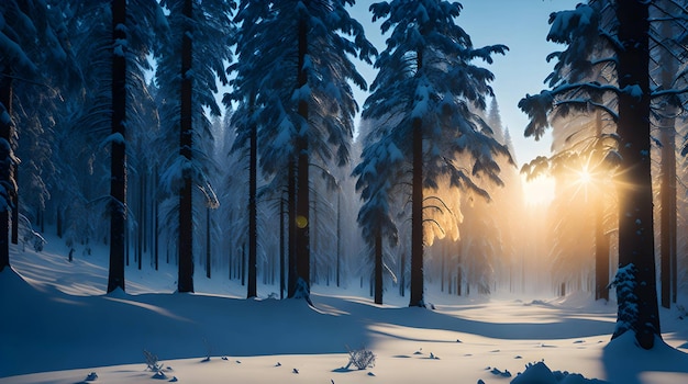 winter morning forest view with snow in ground