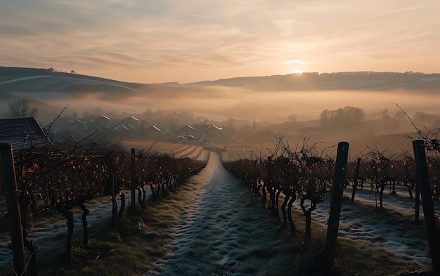 Winter mornings in fields and vineyards with sun rises from its ashes