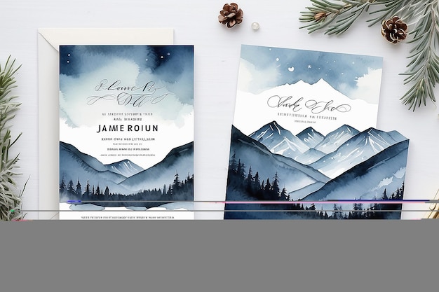 Photo winter mountain landscape watercolor wedding invitation