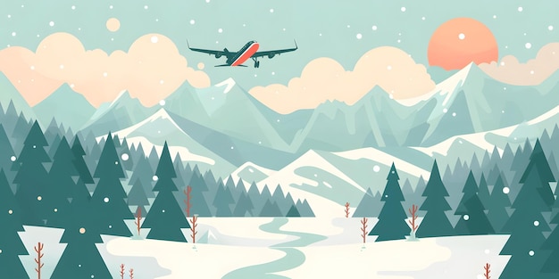 Winter Mountain Landscape with Airplane Flying Over