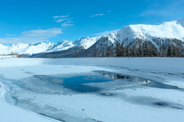 Winter mountain landscape with lake. Kappl ski region in the Tyrolean mountains, Austria.