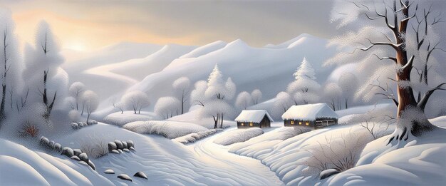 Winter mountain landscape with wooden house chalet snow illuminated mountain peaks hill forest river fir trees illuminated windows sunset dawn Ai