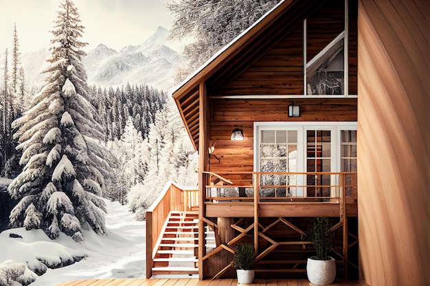 Winter mountain landscape with wooden house on sunny clear day AI Generated