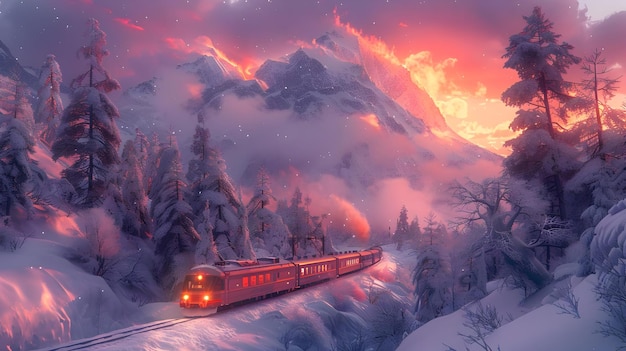 Winter Mountain Train Illustration