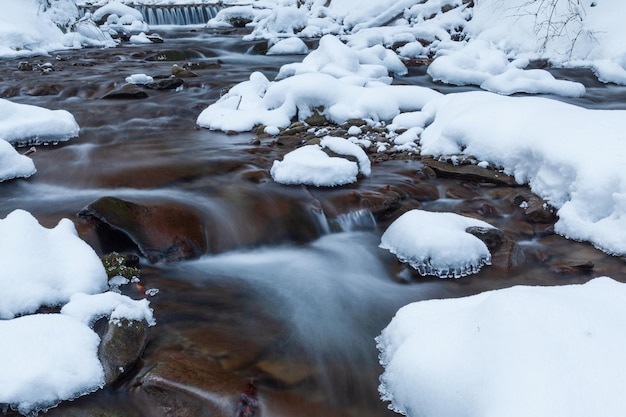 Winter mountain waterfall snow scene Snowy mountain waterfall landscape Winter mountain waterfall in Shipot waterfall Carpathian Mountains Ukraine