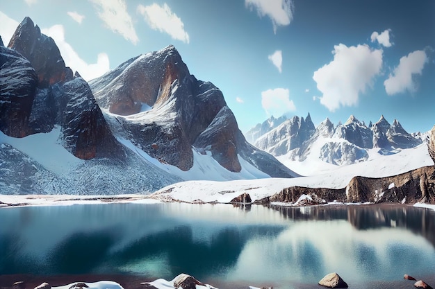 Winter mountains and lake on a sunny day 3d illustration Generative AI