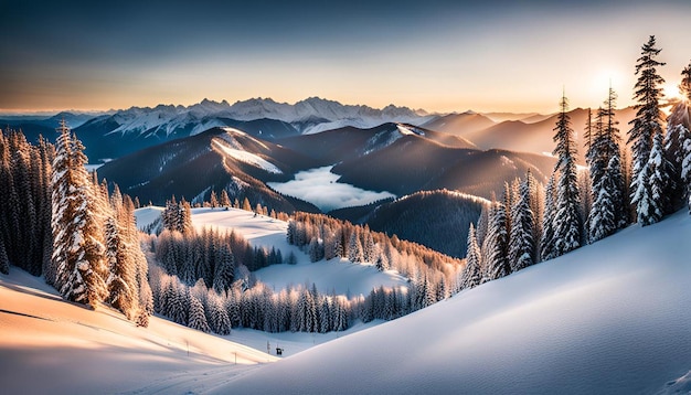 Winter mountains landscape with pine trees and hills