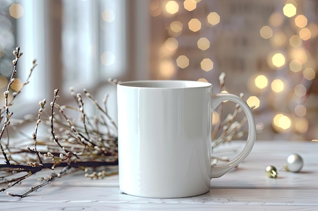 Photo winter mug mockup blank white cup christmas background