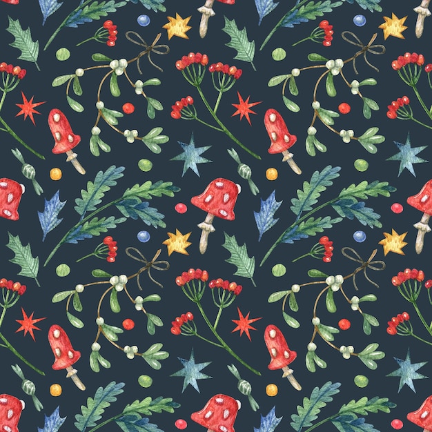 Winter, natural, seamless pattern with red fly agaric, fir branches, winter leaves, mistletoe .