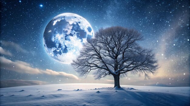 Photo winter nature moon and tree and snowstorm