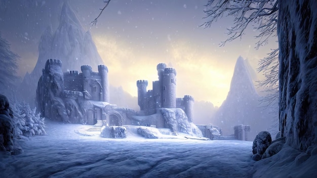 Winter night fantasy landscape Ancient stone castle in the snow Neon sunset 3D illustration