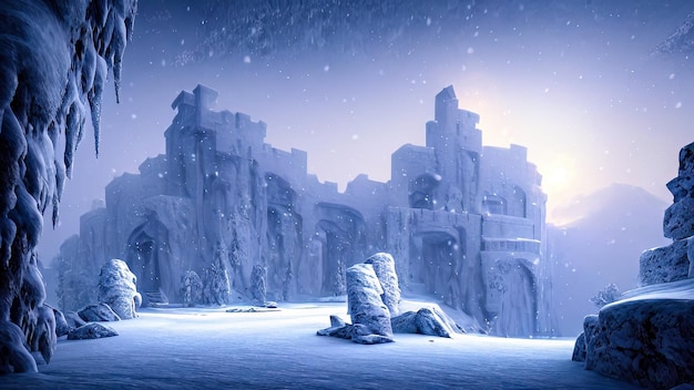 Winter night fantasy landscape Ancient stone castle in the snow Neon sunset 3D illustration