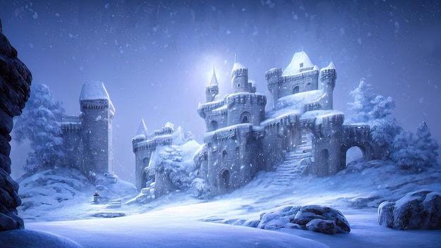 Winter night fantasy landscape Ancient stone castle in the snow Neon sunset 3D illustration