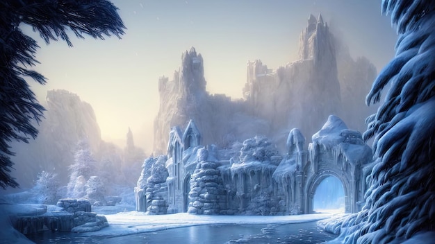 Winter night fantasy landscape Ancient stone castle in the snow Neon sunset 3D illustration