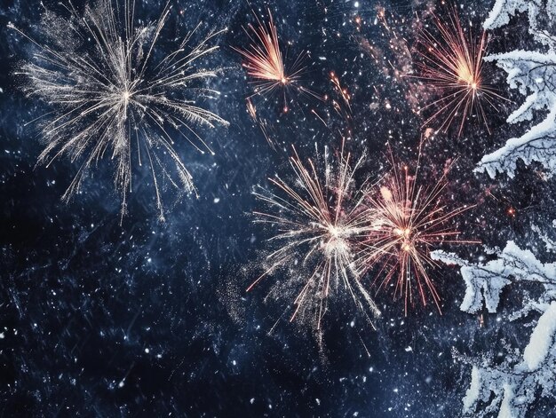 Winter Night Fireworks Display with SnowCovered Trees and Starry Sky