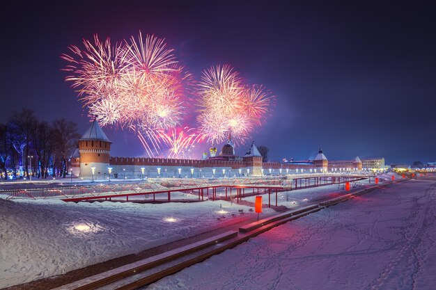 Winter night fireworks over kremlin and Upa quay in Tula Russia at 2019