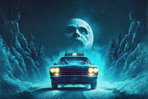 Winter night scene featuring abandoned vehicle buried in snow and large full moon in the background Fantasy concept Illustration painting Generative AI