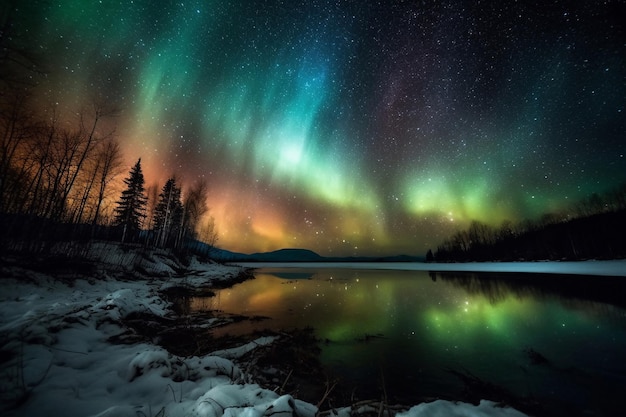 A winter night with the aurora borealis in the sky