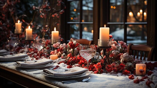 Winter outdoor dinner table setting with flowers and candles snow Christmas holiday season table