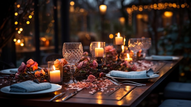 Winter outdoor dinner table setting with flowers and candles snow Christmas holiday season table