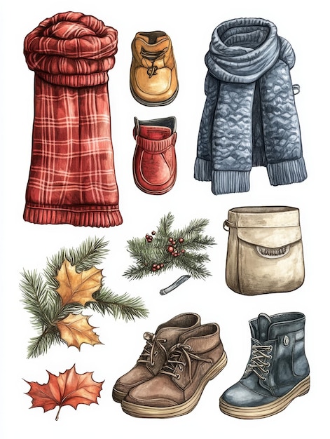 Winter Outfit Illustration with Red Plaid Scarf and Brown Boots