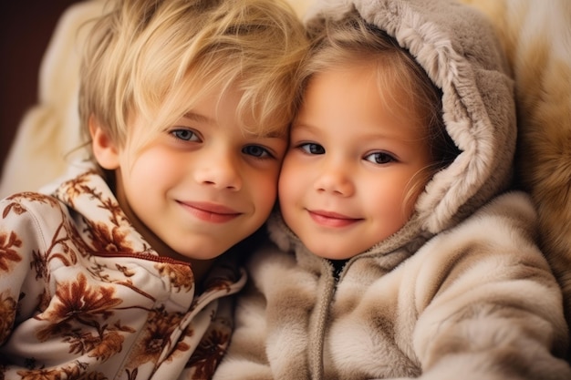 Winter Pajama Party with Happy and Adorable Cousins Hugging in Bed Cute Christmas Childhood