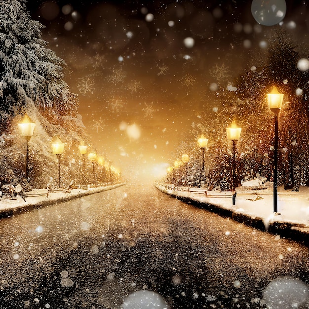 Winter park in the evening covered with snow with a row of lamps