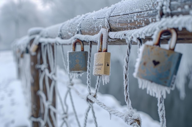 Winter park scene with frost covered love locks and fence