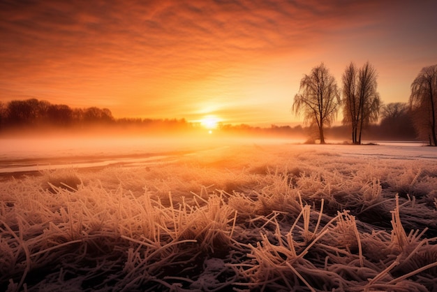 Photo winter photo of sunrise on frosty meadows