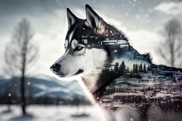 A winter picture of an angry Siberian husky dog Double exposure