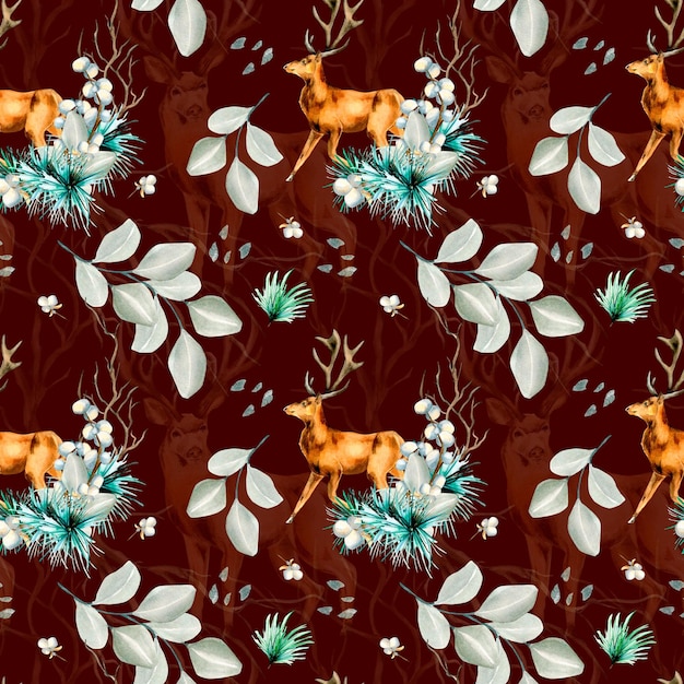 Winter plants and deer watercolor seamless pattern isolated on red