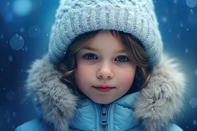 Winter portrait of beautiful smile little girl Little kid girl in white jacket and cozy hat