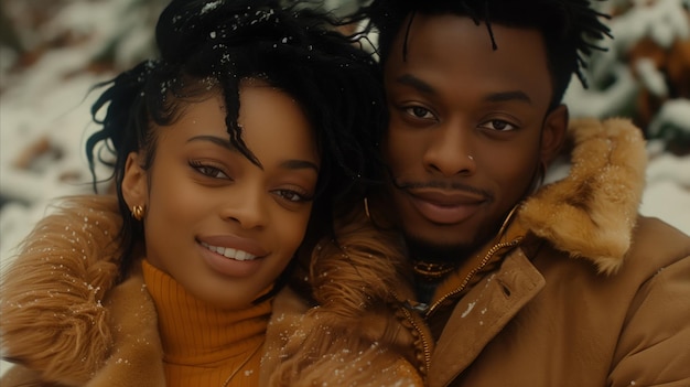 Winter Portrait of a Smiling Couple in Matching Brown Jackets