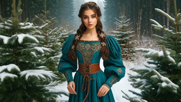 Winter Princess in Emerald Medieval Gown Amid Snowy Pine Forest