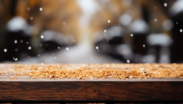 Photo winter product placement fresh snow on wooden table with beautiful blurred forest background