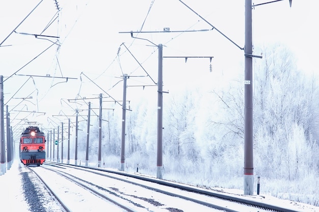 winter railway landscape, view of the rails and wires of the railway, winter delivery way