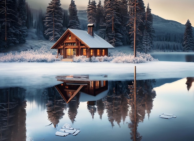 Winter Retreat Cozy Cabin by a Frozen Lake with Reflection