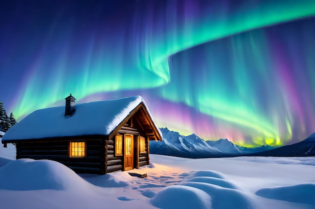 Winter Retreat Rustic Hut Beneath the Aurora Borealis Splendor