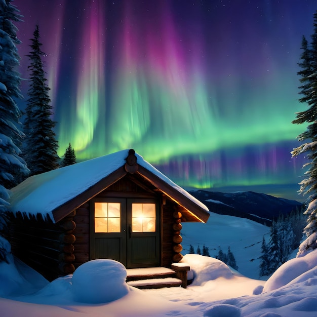 Winter Retreat Rustic Hut Beneath the Aurora Borealis Splendor